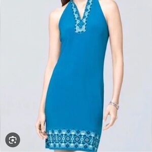 White House Black Market beaded turquoise jersey embroidered shift dress